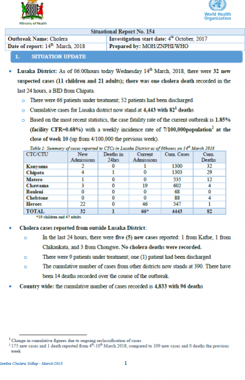 Zambia Cholera Oubreak Situation Report - 14 March 2018